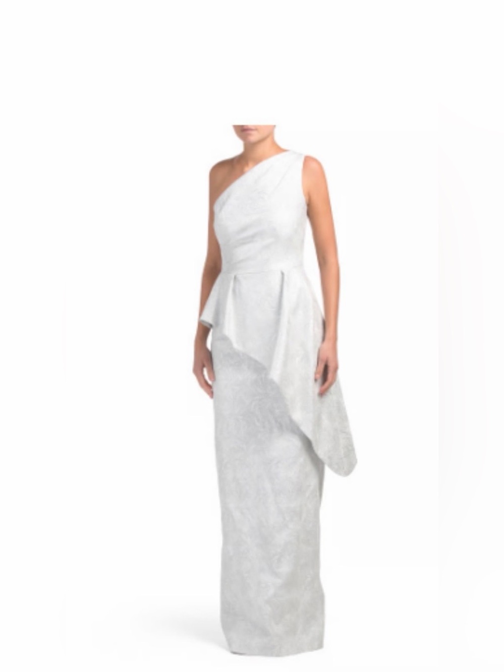 Teri Jon One Shoulder Peplum Metallic Gown 
Size :10